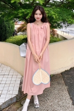 粉色法式系带无袖连衣裙女2025夏新款宽松显瘦遮肉后背镂空背心裙，女装连衣裙，2C236