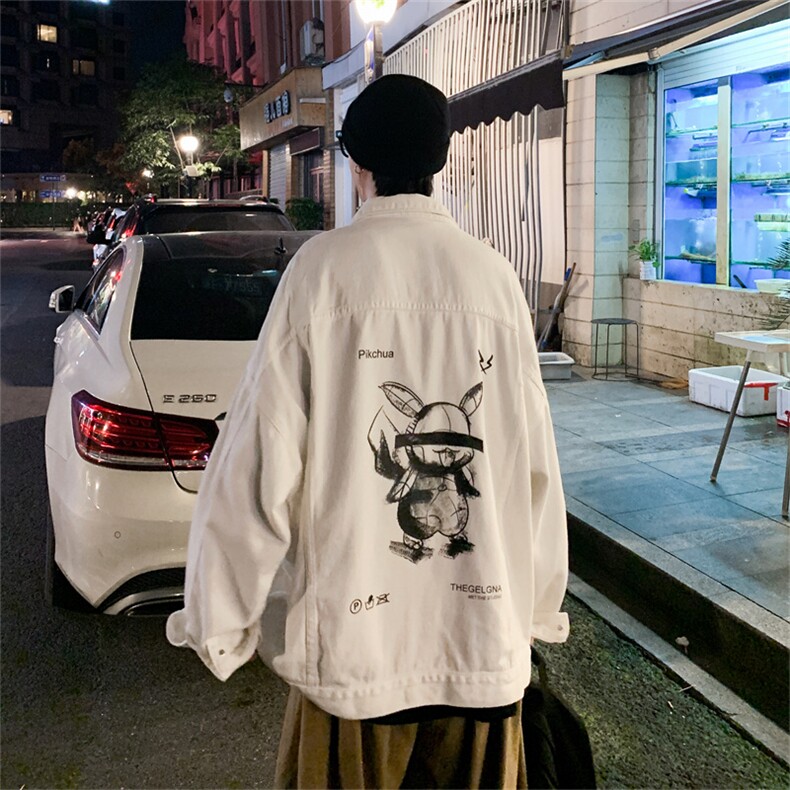 秋季印花港风男牛仔夹克学生卡通上衣情侣白色外套JK733-P70图片