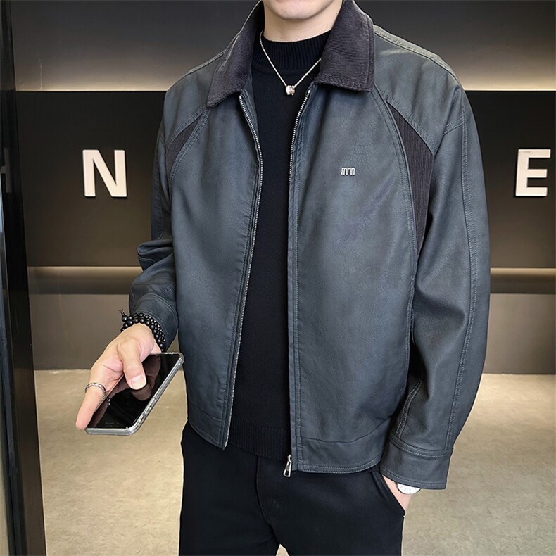 店主风秋季皮衣男装新款拼接翻领时尚皮夹克外套男B317/6801/P155,男装皮衣,电商B317