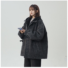 冬季加棉加厚阿尔巴卡呢子带帽宽松中性港风男女外套M897-P138，女装短外套，电商A170