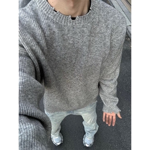 灰色破坏风毛衣男秋冬季潮牌痞帅慵懒cleanfit宽松内搭针织打底衫图片