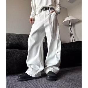 白色工装牛仔裤美式弯刀裤男新款阔腿裤男直筒休闲裤子WLQ455-P55图片