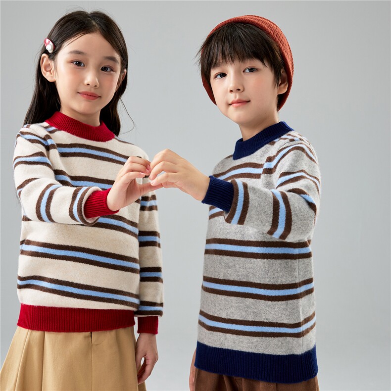 儿童秋冬新款加厚条纹针织衫100%羊毛打底毛衣男女童彩条打底衫,童装儿童羊毛衫,初丹羊绒童装