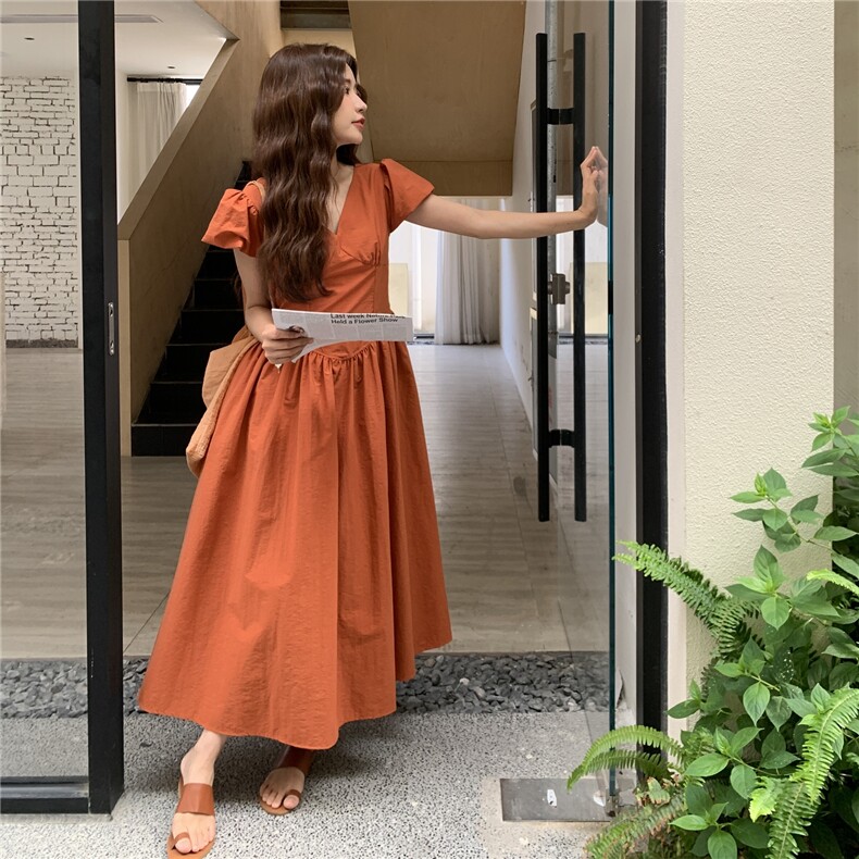 橘色法式甜美泡泡袖V领连衣裙女2025年夏季新款温柔风显瘦长裙子,女装连衣裙,2C307