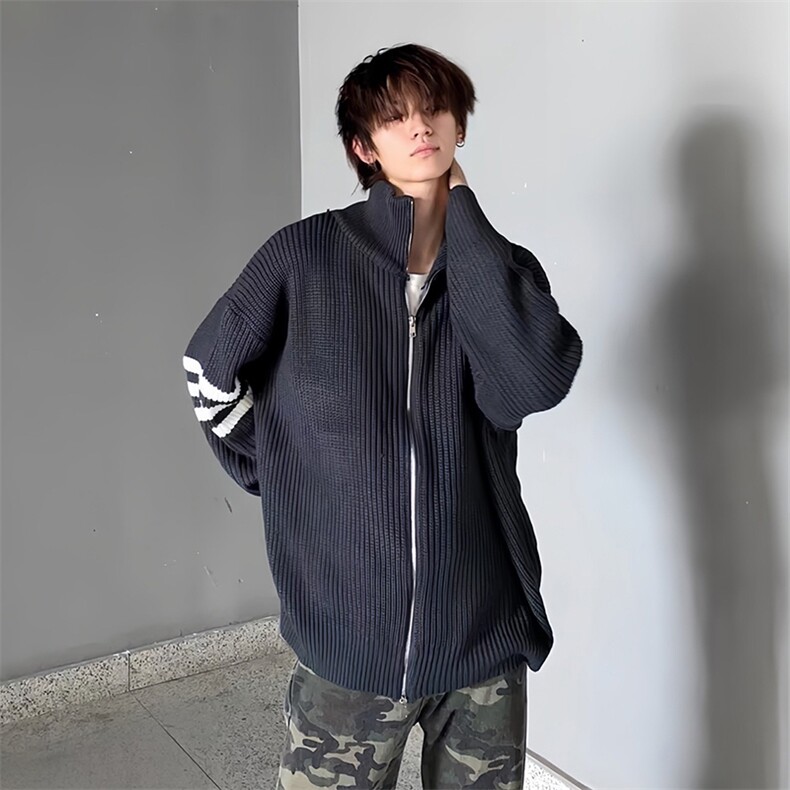 重磅秋冬北极绒开衫毛衣美式复古休闲慵懒风男女立领针织衫外套,男装针织衫/毛衣,电商A486-1