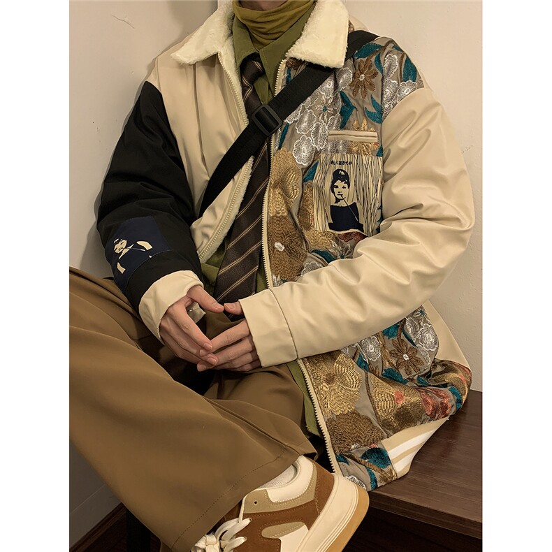 1港风室内刺绣拼接翻领羊羔毛大码M-5XL棉衣外套男8723P110控148，男装棉衣，星座226-2