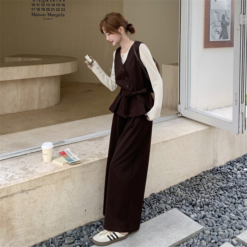 轻熟风穿搭咖色马甲套装女春秋2025超火好看高级感阔腿长裤三件套,女装套装/套裙,2C159