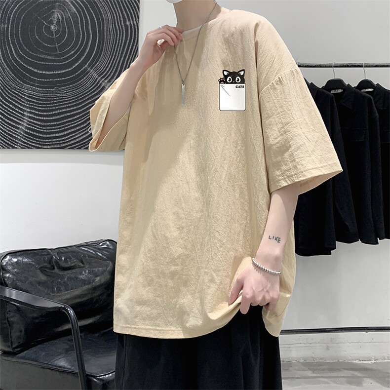 YT26397-P30亚麻短袖t恤男大码五分袖男宽松七分袖大皂风模特,男装T恤,电商A040