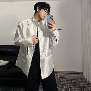 痞帅高级感黑色立领垫肩夹克上衣飞机扣设计感外套机车服 JG37图片