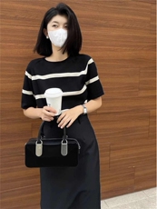 宽条纹短袖10%羊毛，女装T恤，佳弈羊绒