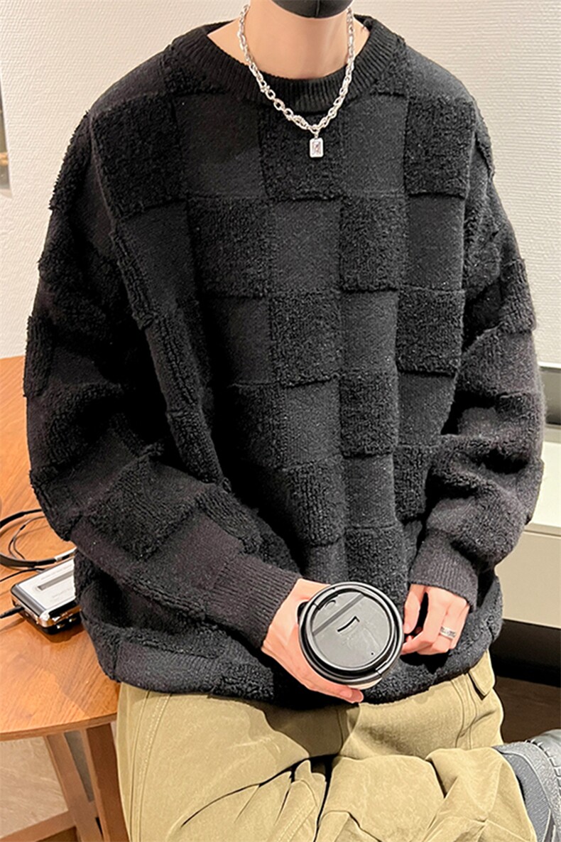 8XL-M特大码美式街头设计感毛巾绣格子毛衣男女情侣MY1204P50控68,男装针织衫/毛衣,电商D206-1