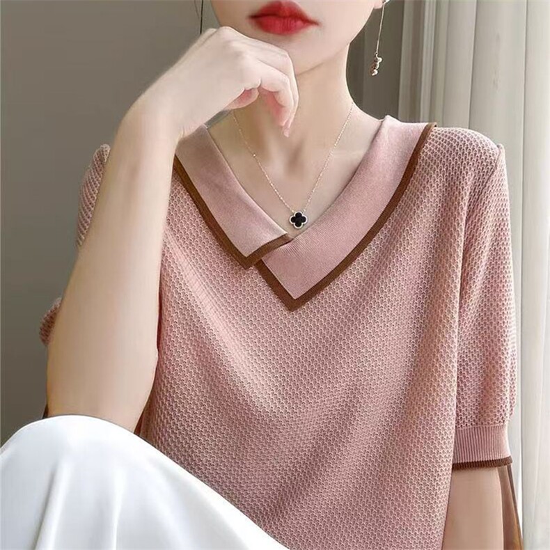 甜美不规则娃娃领天丝针织短袖女夏新款正肩莱塞尔撞色翻领T恤薄,女装T恤,萱芳婷羊绒