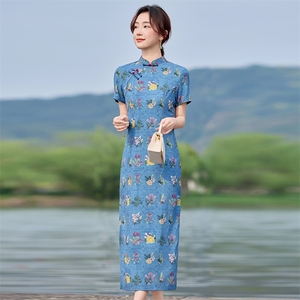 现货2025夏季新款复古中式显瘦修身蓝色黄花长裙日常旗袍连衣裙女图片