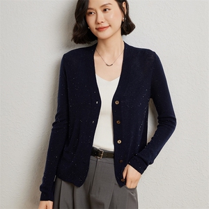 女士珠片V领羊毛开衫外套图片