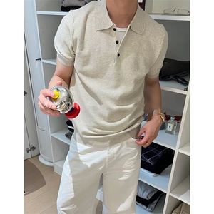 老钱风穿搭杏色短袖Polo衫男夏季轻薄高级感商务修身有领半袖T恤图片