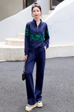 2024现货秋季新款套头拼花撞色休闲运动两件套，女装套装/套裙，妙形