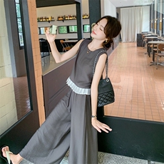 灰色无袖背心上衣套装夏季女2025新款时尚松弛感休闲阔腿裤两件套，女装套装/套裙，2C129