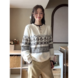 重磅秋冬装北极绒套头毛衣美式复古休闲慵懒风提花工艺针织衫外套图片