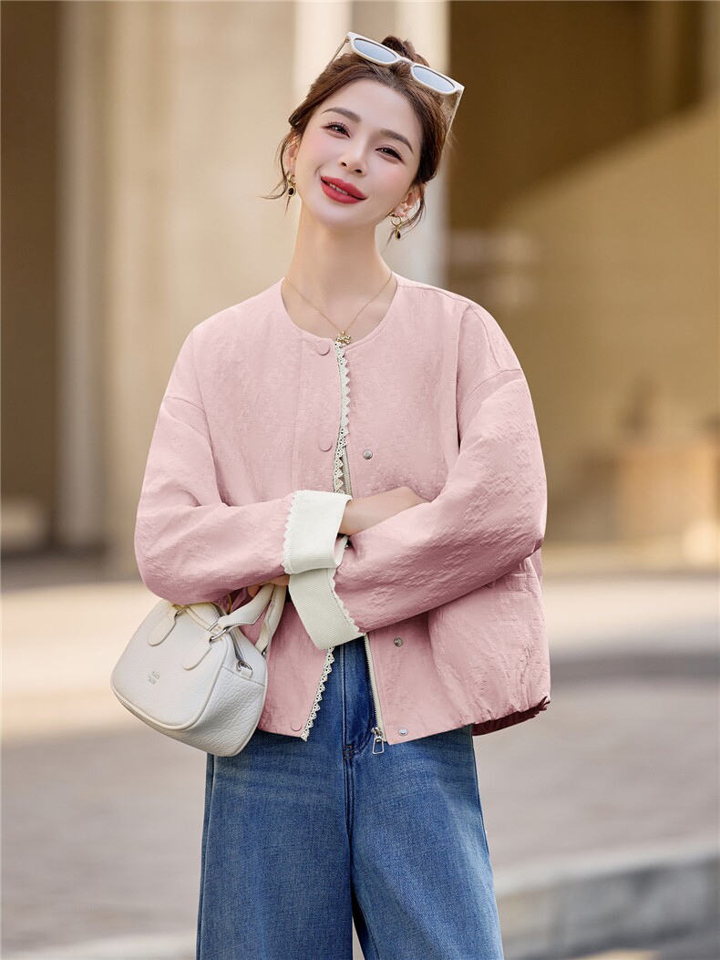 2026春秋撞色花边短外套女圆领提花宽松洋气中年妈妈休闲夹克上衣,女装短外套,余墨