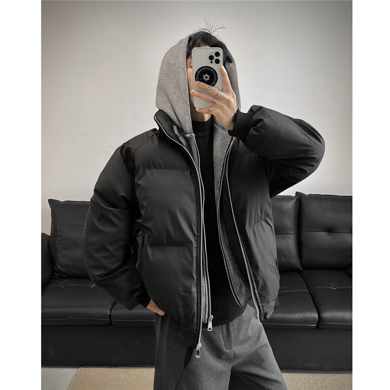 美式假两件pu皮短款棉服男款冬季加厚工装棉袄连帽外套特P85图片