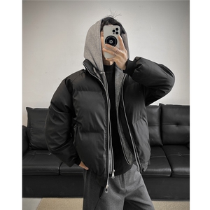 美式假两件pu皮短款棉服男款冬季加厚工装棉袄连帽外套特P85图片