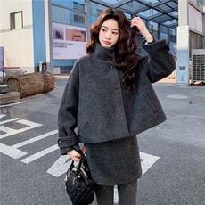 韩系毛呢羽绒内胆半裙套装毛领可拆卸F6603-P245-K388，女装套装/套裙，2C255