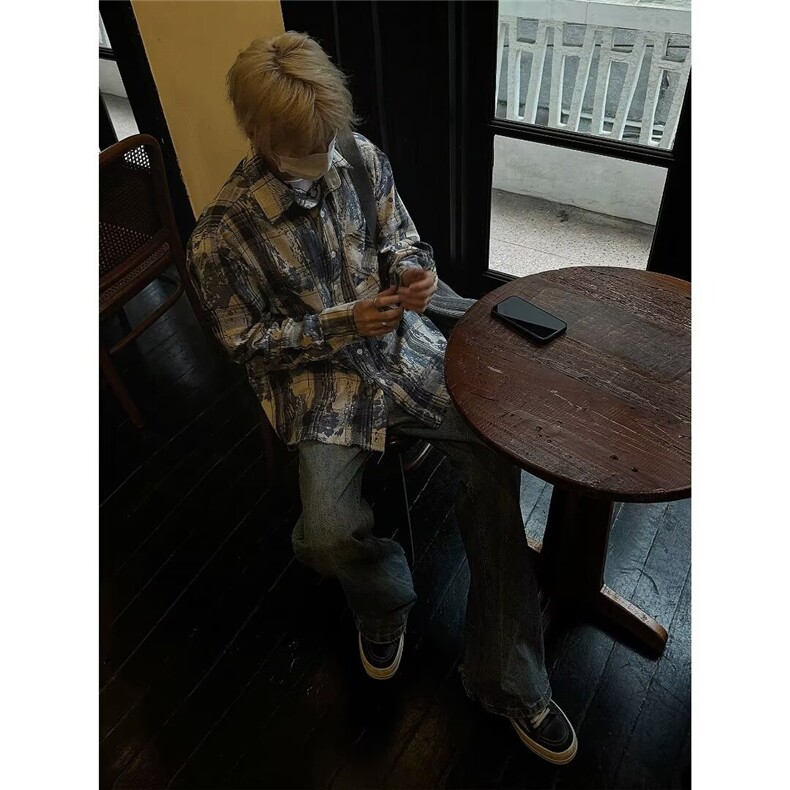 水墨扎染格子衬衫设计感高级vintage潮牌痞帅炸街外套男休闲衬衣,男装衬衫,星座506A