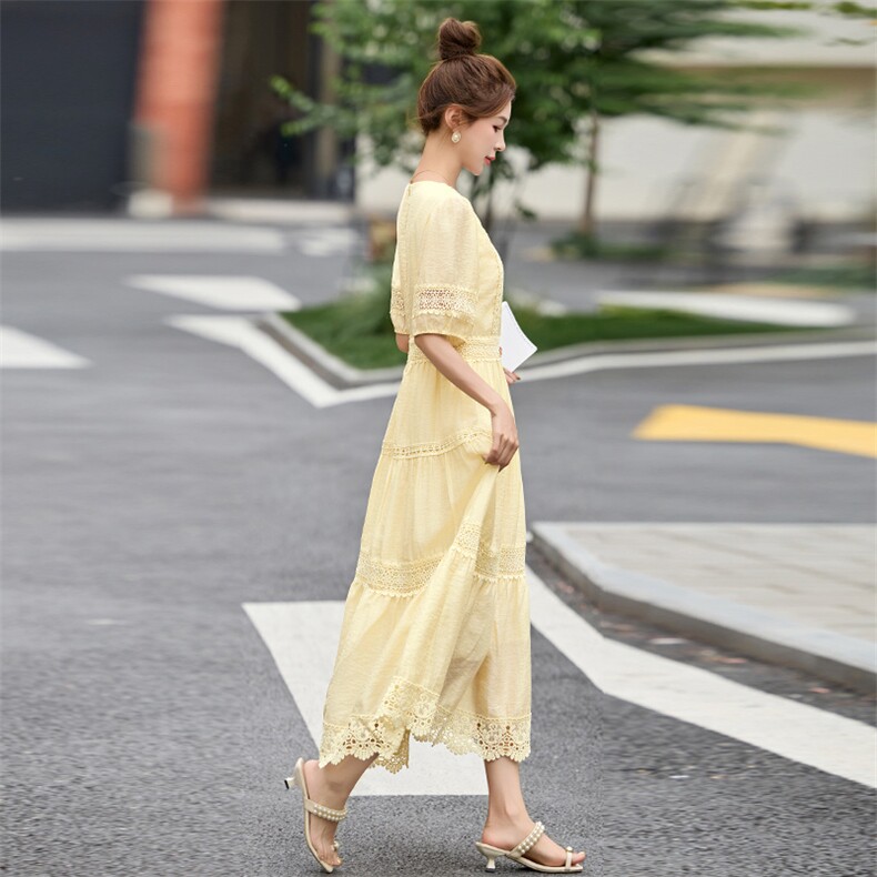 2025年夏季新款优雅蕾丝花边拼接中长款连衣裙女绝美今年流行爆款,女装连衣裙,美沁