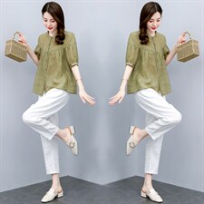 高端苎麻套装女装复古亚麻上衣2025新款夏季时尚休闲棉麻两件套裤图片