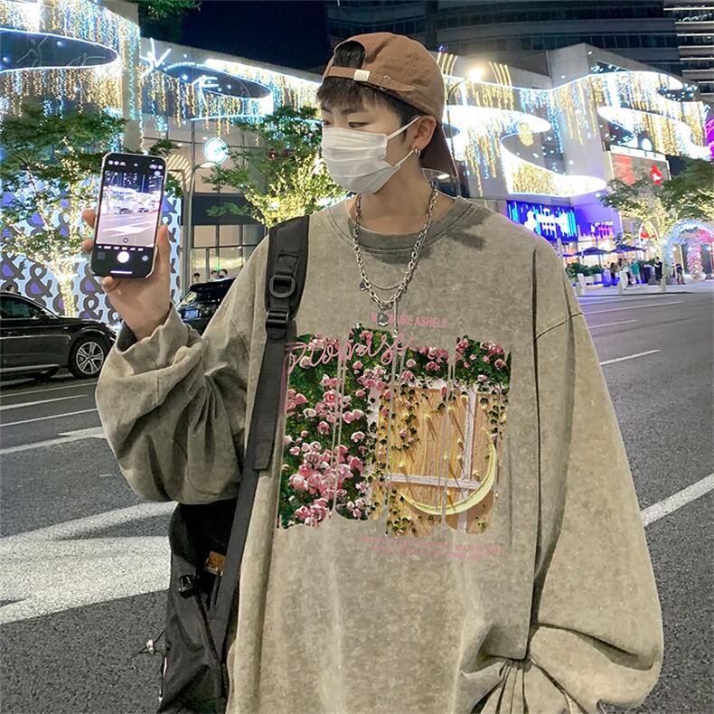 直播品质重磅纯棉美式蜡染水洗做旧潮牌宽松长袖t恤CT365特P38,男装T恤,电商A486