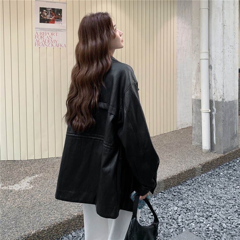 黑色立领酷飒复古风宽松皮衣女2025秋季日系高级感中长款夹克上衣,女装皮衣,2C273