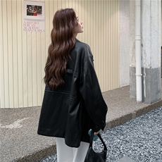 黑色立领酷飒复古风宽松皮衣女2025秋季日系高级感中长款夹克上衣，女装皮衣，2C273