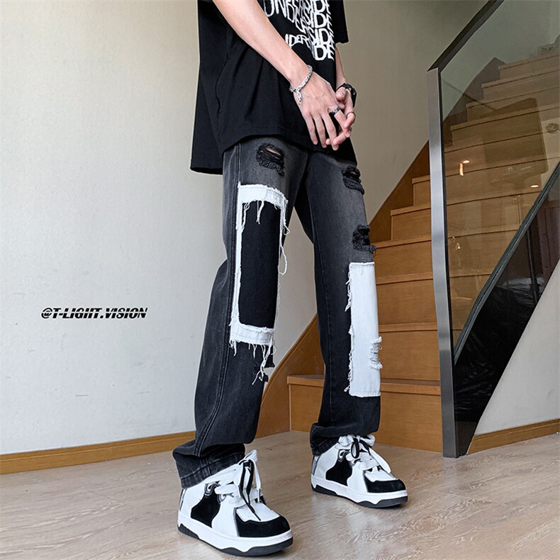 B221美式ins高街小众个性拼接宽松破洞牛仔裤LK23099-P65控88,男装牛仔裤,电商B221