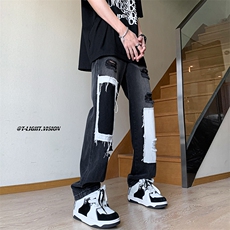 B221美式ins高街小众个性拼接宽松破洞牛仔裤LK23099-P65控88，男装牛仔裤，电商B221