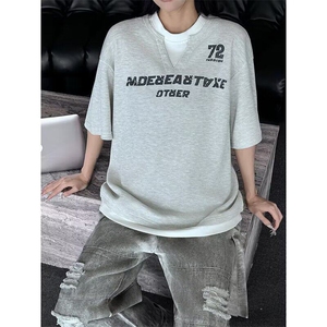 潮牌假两件撞色拼接短袖T袖女美式学院风字母印花上衣潮ST633-P35图片