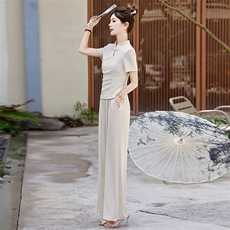 现货新中式改良针织盘扣套装女2024夏季新款气质高雅两件套裤，女装套装/套裙，魅影