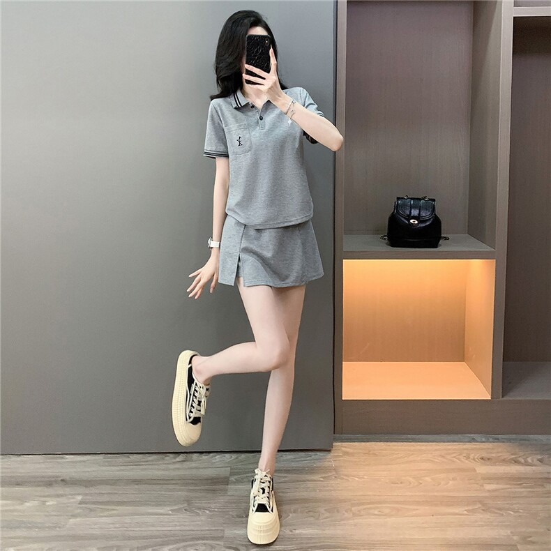 学院风时尚简约套装裙女夏新款修身显瘦Polo领短袖T恤裤裙两件套,女装套装/套裙,江南