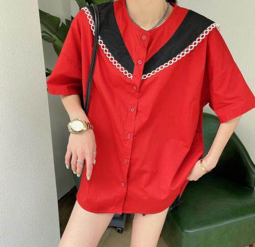 撞色拼接蕾丝花边小衫，女装，姚姚家