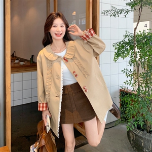 卡其色娃娃领风衣外套女2025秋季新款设计感小众减龄宽松休闲上衣图片