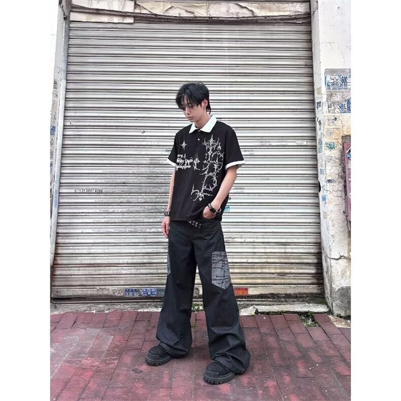 复古格纹大口袋弯刀拼接牛仔裤男女休闲美式直筒宽松休闲阔腿长,男装牛仔裤,星座1210-1