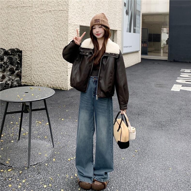 【档口现货】羊羔毛领撞色加绒保暖皮棉外套2C233-821-P180-K279,女装皮衣,2C233