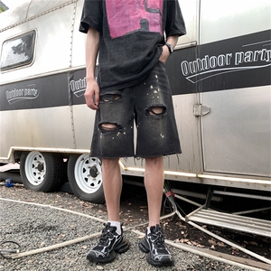 夏季大码宽松泼墨油画毛边时尚破洞短款短裤牛仔裤男高街得物图片