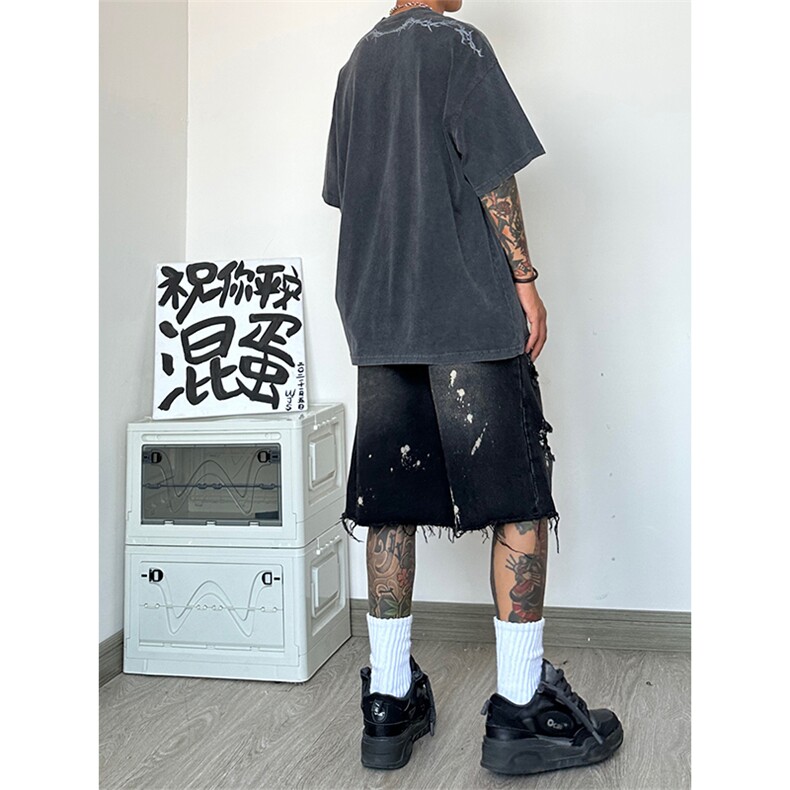 破洞乞丐毛边泼墨直筒直筒牛仔五分短裤牛仔裤男高街美式,男装牛仔裤,星座301D-4(原星座1004-4）
