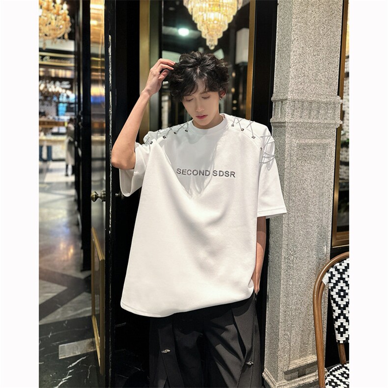 现货！25夏男士设计感金属链条帮点设计感垫肩短袖DX177-P78,男装T恤,电商B288