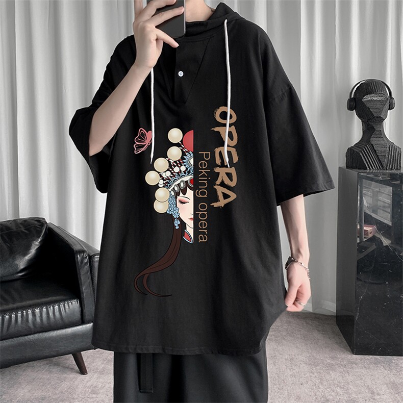 LD54161-P45连帽短袖t恤男大码胖子带帽五分袖中袖,男装T恤,电商A040