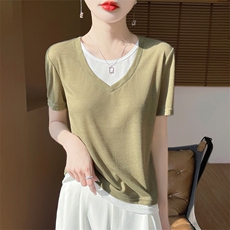 女士假两件短袖时尚百搭简约V领，女装针织衫/毛衣，绒宛羊绒