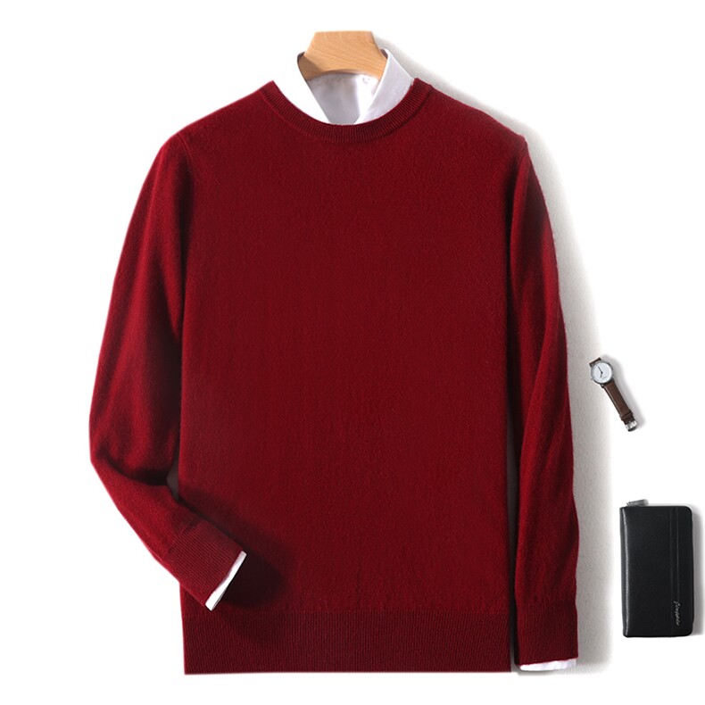 高品质秋冬新款男士圆领衫时尚百搭保暖舒适酒红色长袖毛衣男装，男装羊绒套衫，绒韵雅