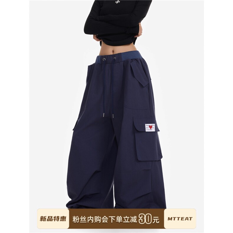 1506/QN13380/P59双腰头格子拼接直筒显瘦工装宽松潮牌男女长裤图片