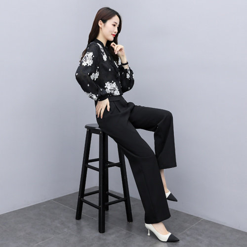 时尚气质女装套装优雅印花上衣搭配高腰阔腿裤显瘦百搭两件套,女装套装/套裙,橙子家