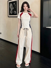 韩版时尚休闲套装女夏季新款高级感圆领撞色拼接上衣阔腿裤两件套，女装套装/套裙，江南